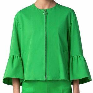 Akris Punto Green Zip Jacket Bell Sleeve Ruffle Detail Size 8